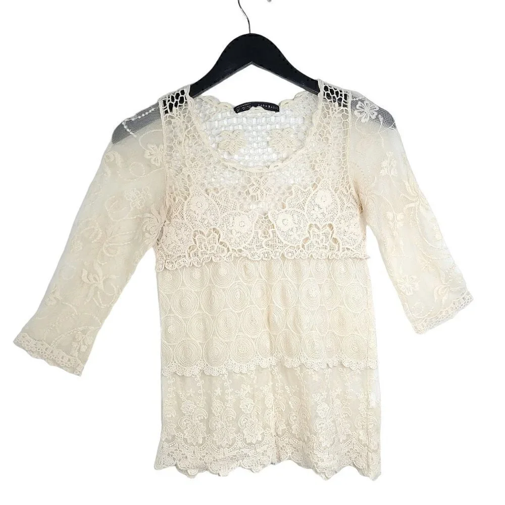 ZARA Ivory White Crochet Lace 3/4 Floral Sleeve Top